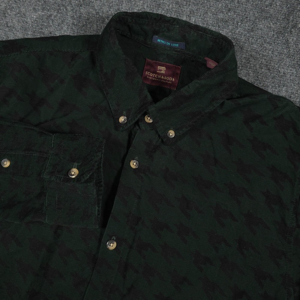 Scotch & Soda Retro De Luxe Shirt Mens L Green Houndstooth Corduroy Button READ